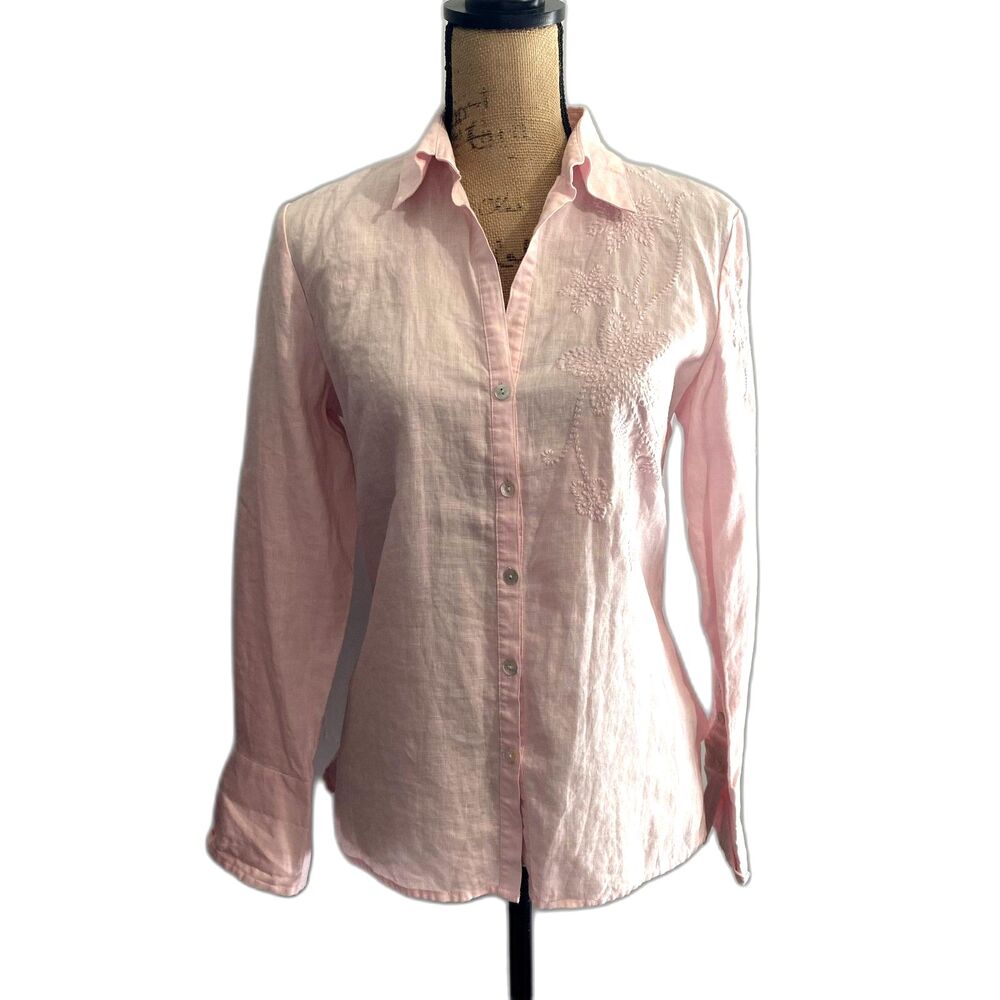 Ecologie Pastel‎ Pink 100% Linen Floral Embroidered Button Down Shirt Size Small